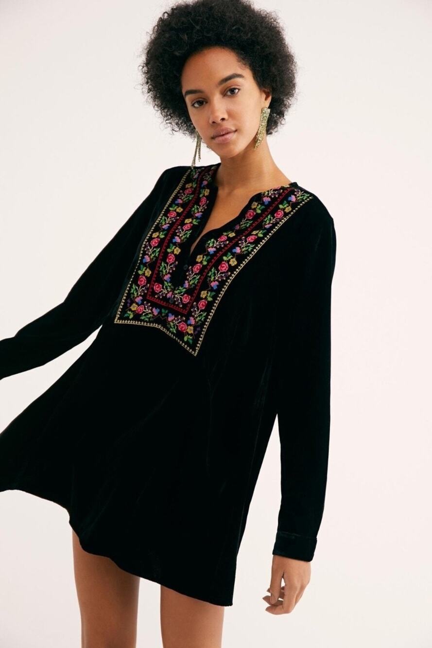 Free People Always Forever Black Velvet Embroidered Tunic Dress L Boho Romantic
